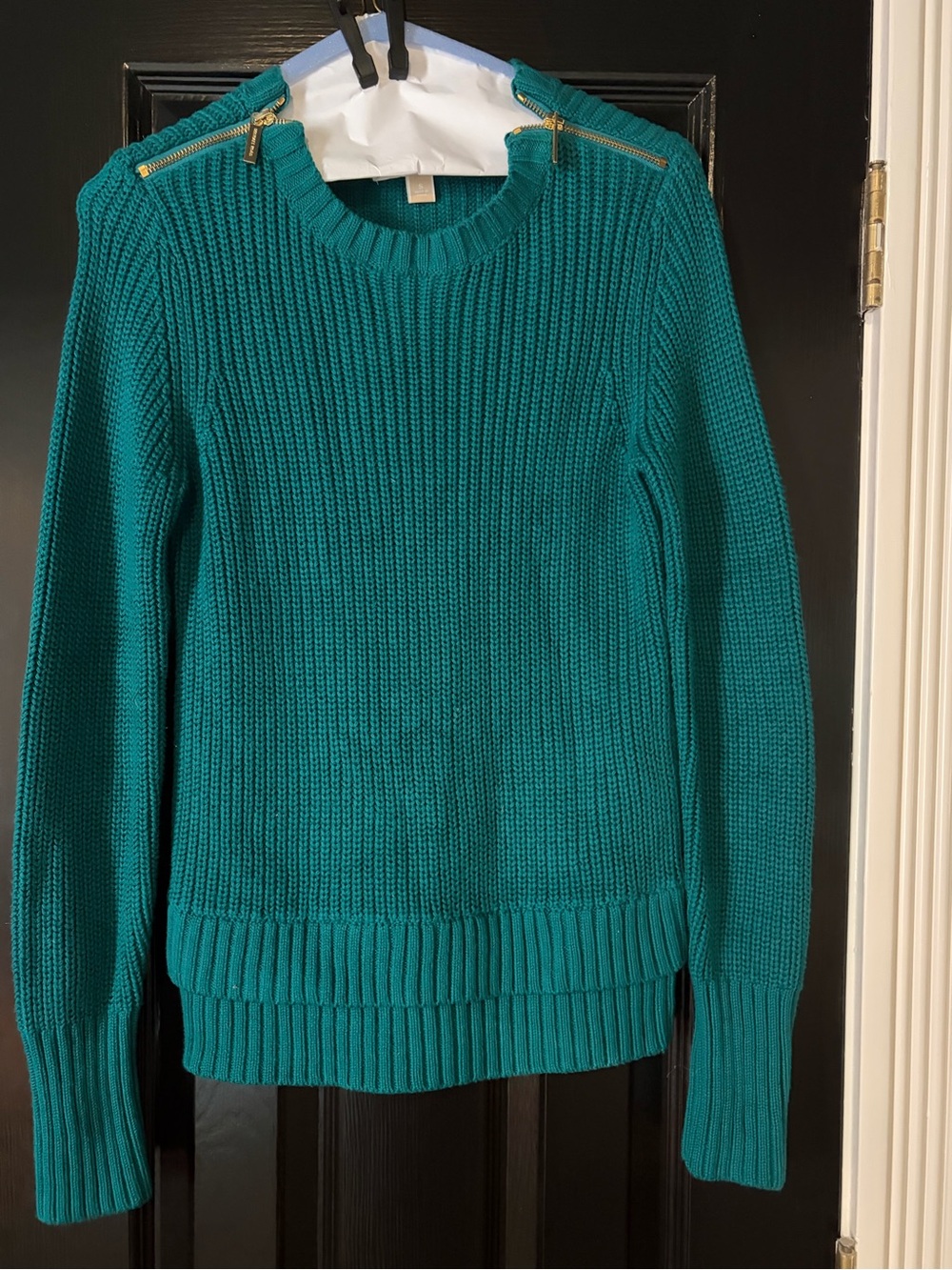 Michael Kors Teal Ribbed Crewneck Sweater with Gold Shoulder Zippers